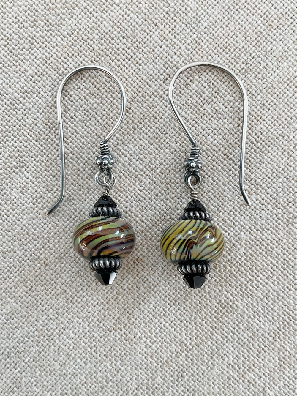 Boho Lampwork Glass Swirl Dangle Earrings Earthy Vintage Green